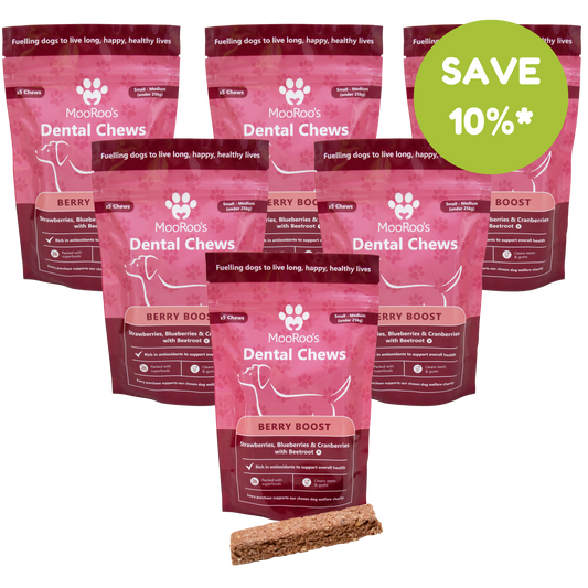 MooRoo's - Berry Boost Dental Chews Sticks (Small-Medium, Large-Extra Large Dogs)